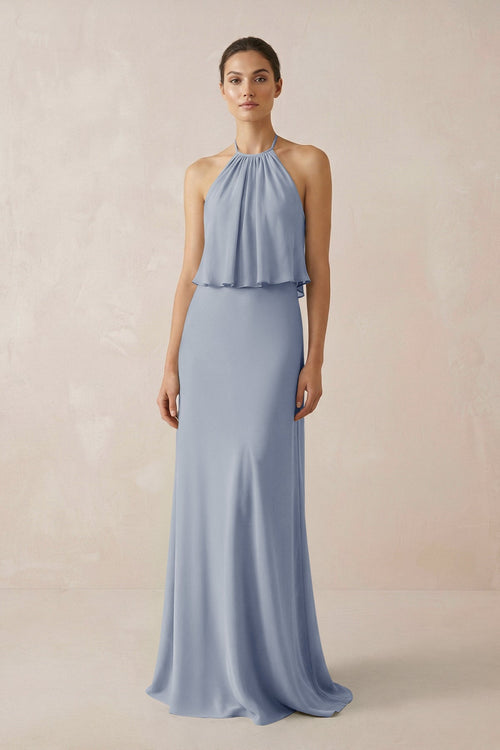 Halter Sheath Ruffled Chiffon Bridesmaid Dress in Twilight - SHE IS ME Bridesmaid Dresses