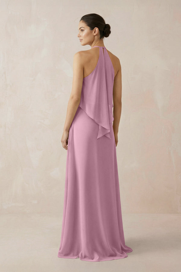 Halter Sheath Ruffled Chiffon Bridesmaid Dress in Vintage Mauve - SHE IS ME Bridesmaid Dresses