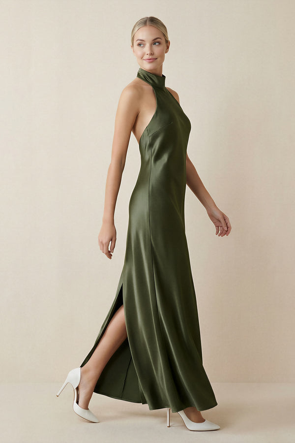 Halter Sheath Satin Bridesmaid Dress in Willow Green - SHE IS ME Bridesmaid Dresses