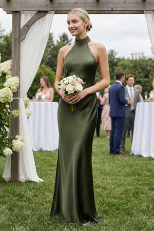Halter Sheath Satin Bridesmaid Dress in Willow Green - SHE IS ME Bridesmaid Dresses