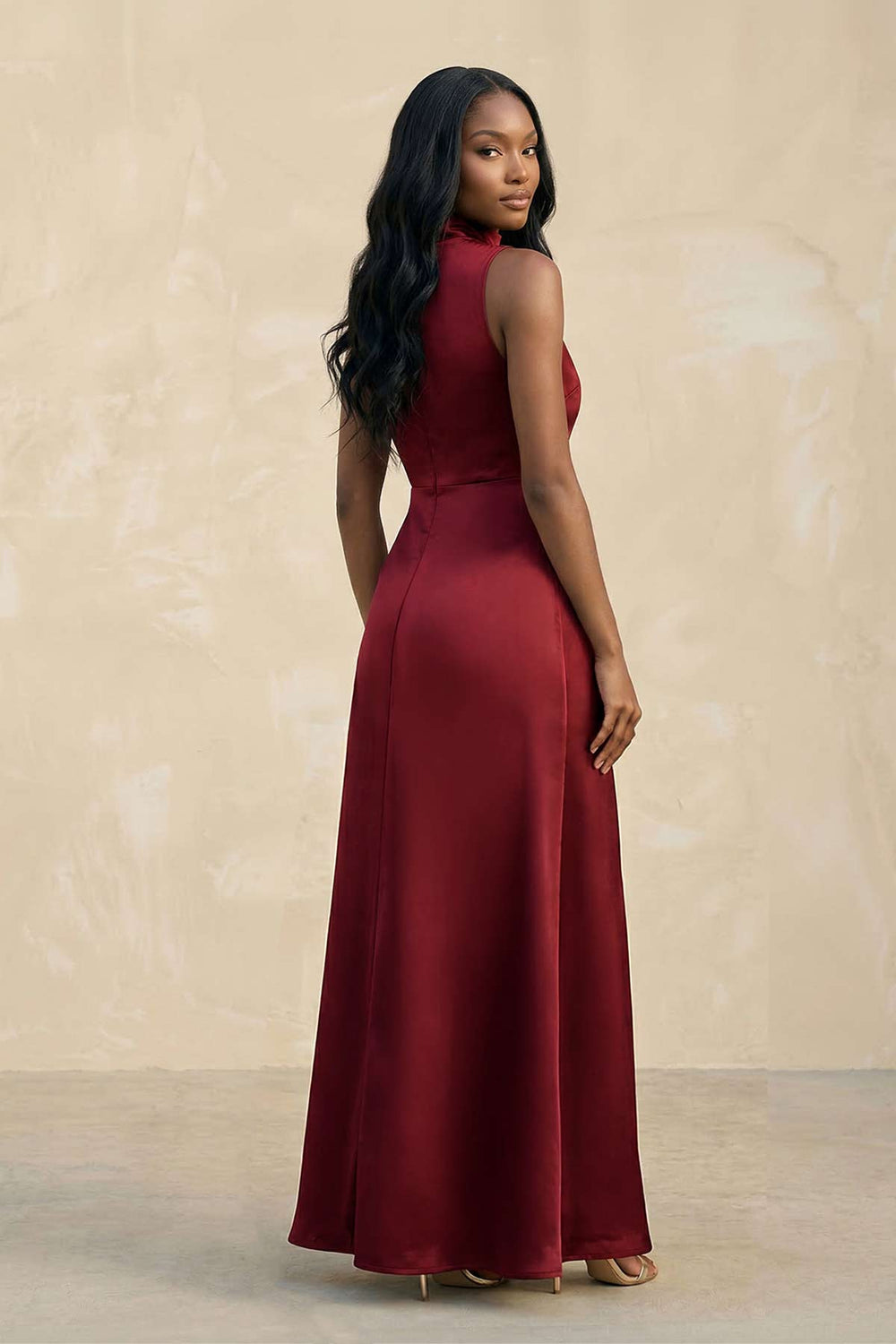 High Neck A - Line Bridesmaid Dress Wiht Slit in Burgundy - SHE IS ME Bridesmaid Dresses