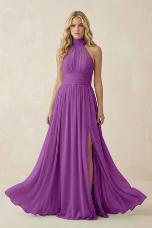 Illusion Halter A - Line Chiffon Bridesmaid Gown in Amethyst - SHE IS ME Bridesmaid Dresses