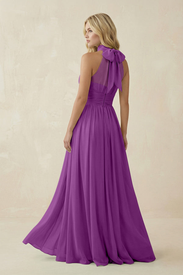Illusion Halter A - Line Chiffon Bridesmaid Gown in Amethyst - SHE IS ME Bridesmaid Dresses