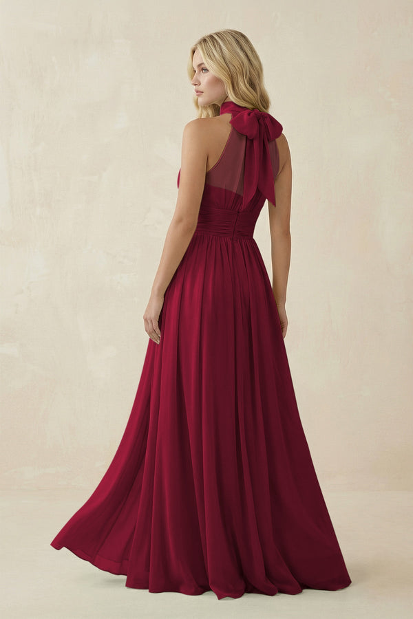 Illusion Halter A - Line Chiffon Bridesmaid Gown in Berry - SHE IS ME Bridesmaid Dresses