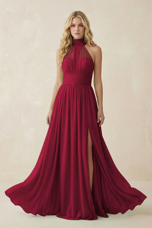 Illusion Halter A - Line Chiffon Bridesmaid Gown in Berry - SHE IS ME Bridesmaid Dresses