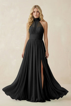 Illusion Halter A - Line Chiffon Bridesmaid Gown in Black - SHE IS ME Bridesmaid Dresses