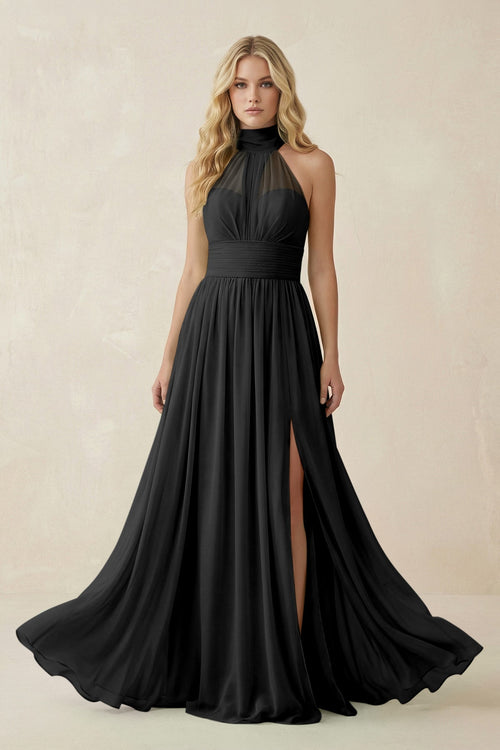 Illusion Halter A - Line Chiffon Bridesmaid Gown in Black - SHE IS ME Bridesmaid Dresses