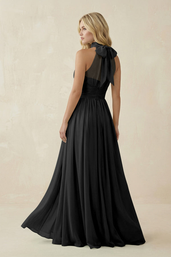 Illusion Halter A - Line Chiffon Bridesmaid Gown in Black - SHE IS ME Bridesmaid Dresses