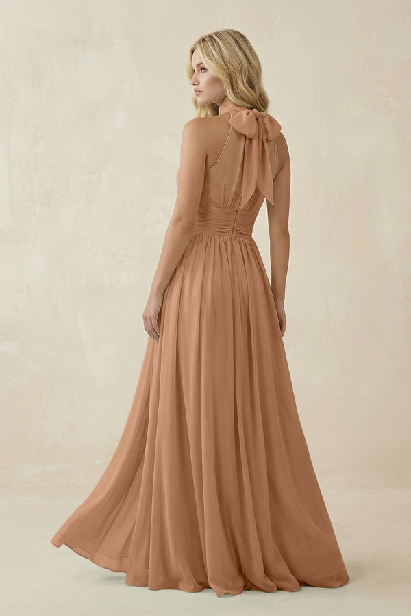 Illusion Halter A - Line Chiffon Bridesmaid Gown in Bronzer - SHE IS ME Bridesmaid Dresses