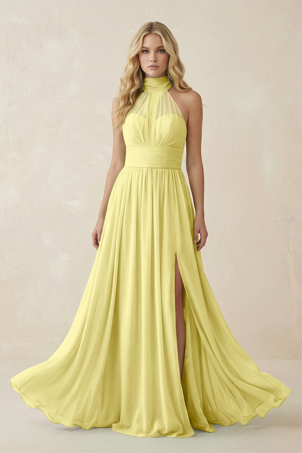 Illusion Halter A - Line Chiffon Bridesmaid Gown in Buttercup - SHE IS ME Bridesmaid Dresses