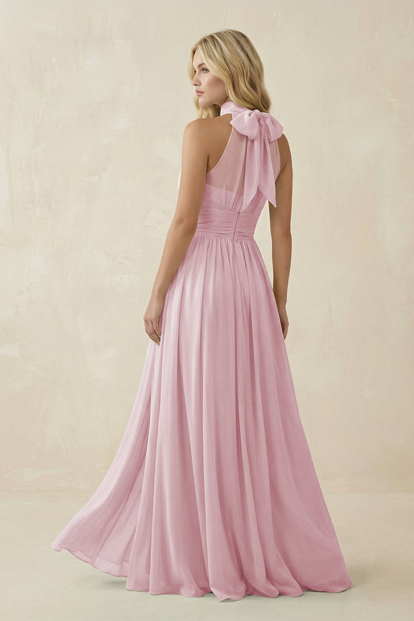 Illusion Halter A - Line Chiffon Bridesmaid Gown in Candy Pink - SHE IS ME Bridesmaid Dresses