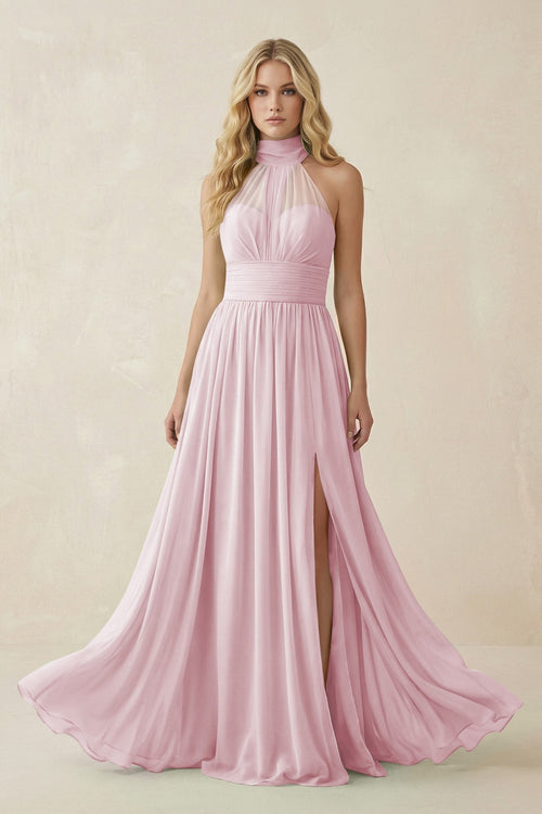 Illusion Halter A - Line Chiffon Bridesmaid Gown in Candy Pink - SHE IS ME Bridesmaid Dresses