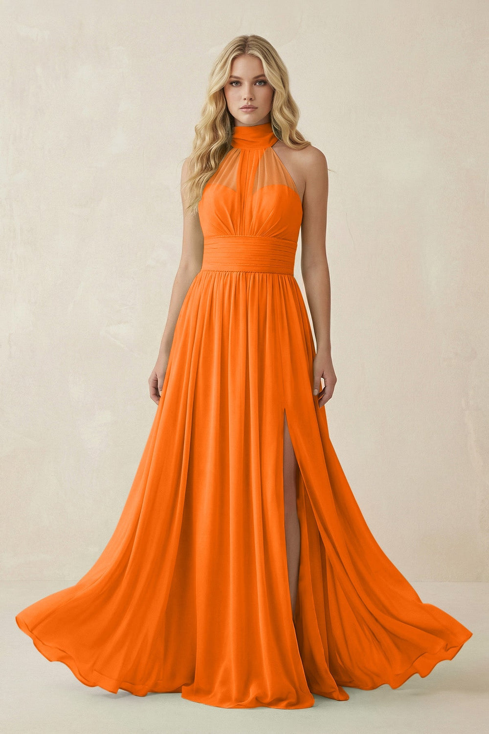 Illusion Halter A - Line Chiffon Bridesmaid Gown in Cinnamon - SHE IS ME Bridesmaid Dresses