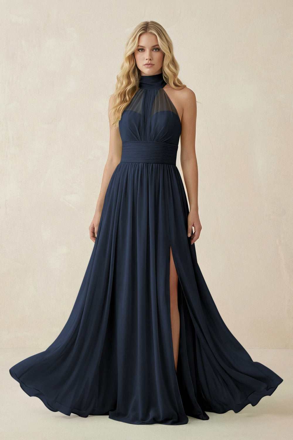 Illusion Halter A - Line Chiffon Bridesmaid Gown in Dark Navy - SHE IS ME Bridesmaid Dresses