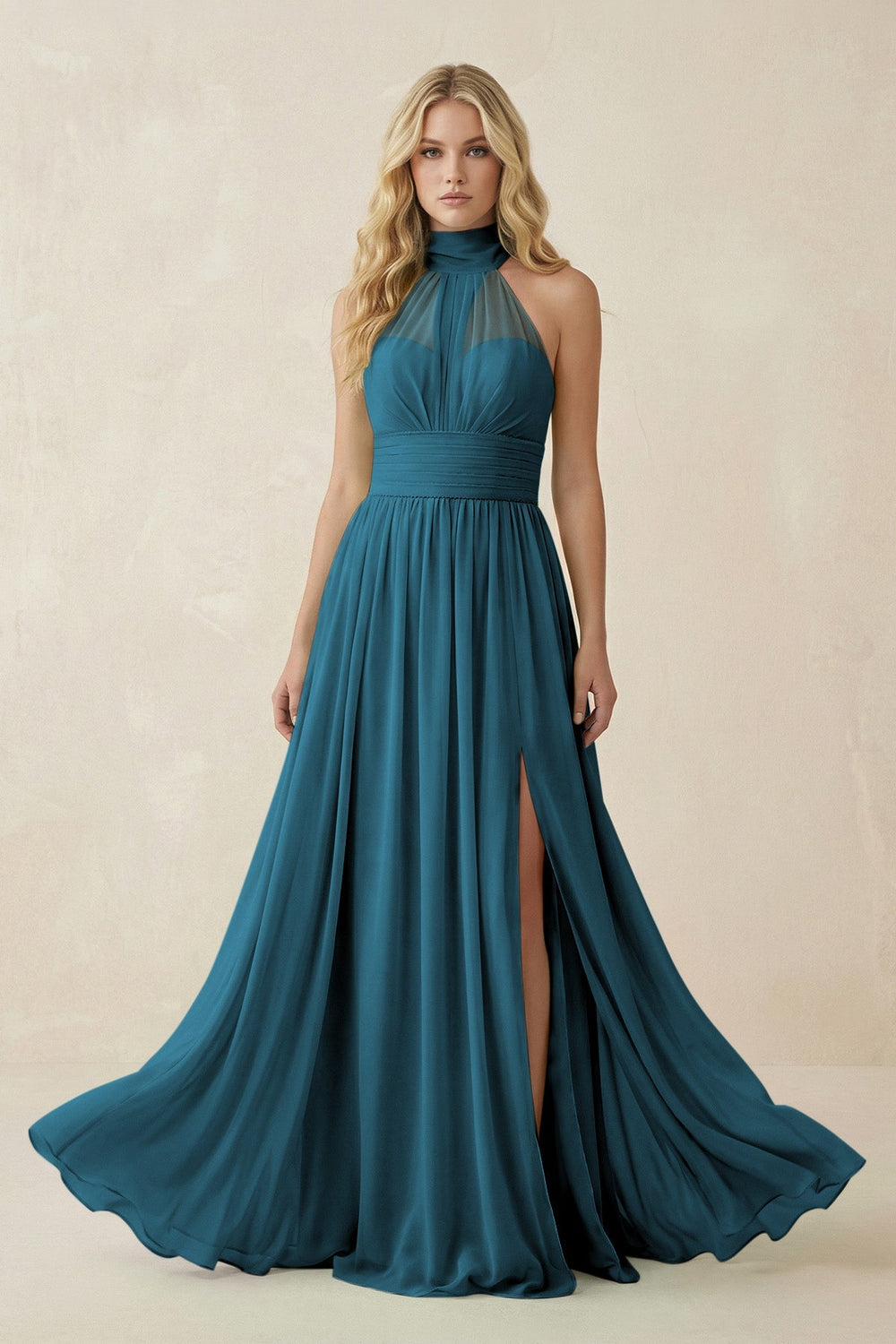 Illusion Halter A - Line Chiffon Bridesmaid Gown in Dark Teal - SHE IS ME Bridesmaid Dresses