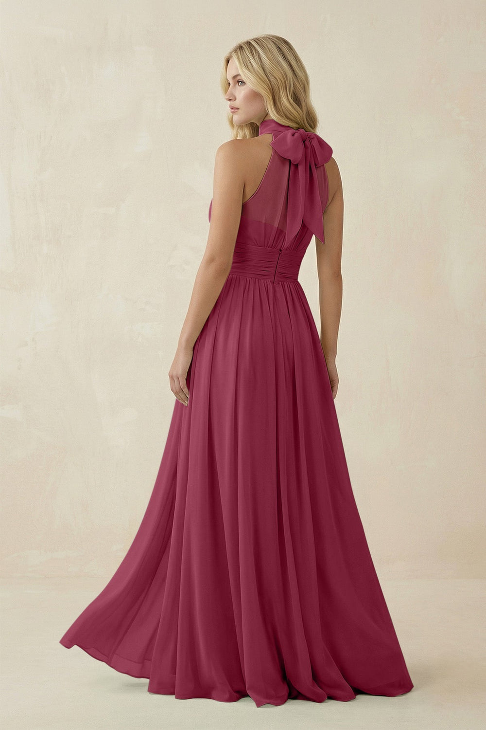 Illusion Halter A - Line Chiffon Bridesmaid Gown in Desert Rose - SHE IS ME Bridesmaid Dresses