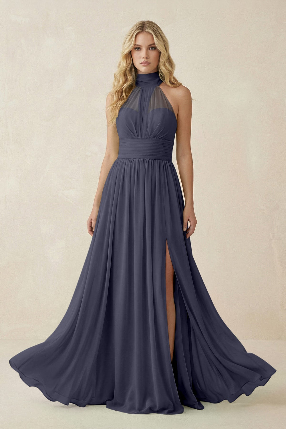 Illusion Halter A - Line Chiffon Bridesmaid Gown in Dusk Blue - SHE IS ME Bridesmaid Dresses