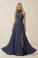 Illusion Halter A - Line Chiffon Bridesmaid Gown in Dusk Blue - SHE IS ME Bridesmaid Dresses