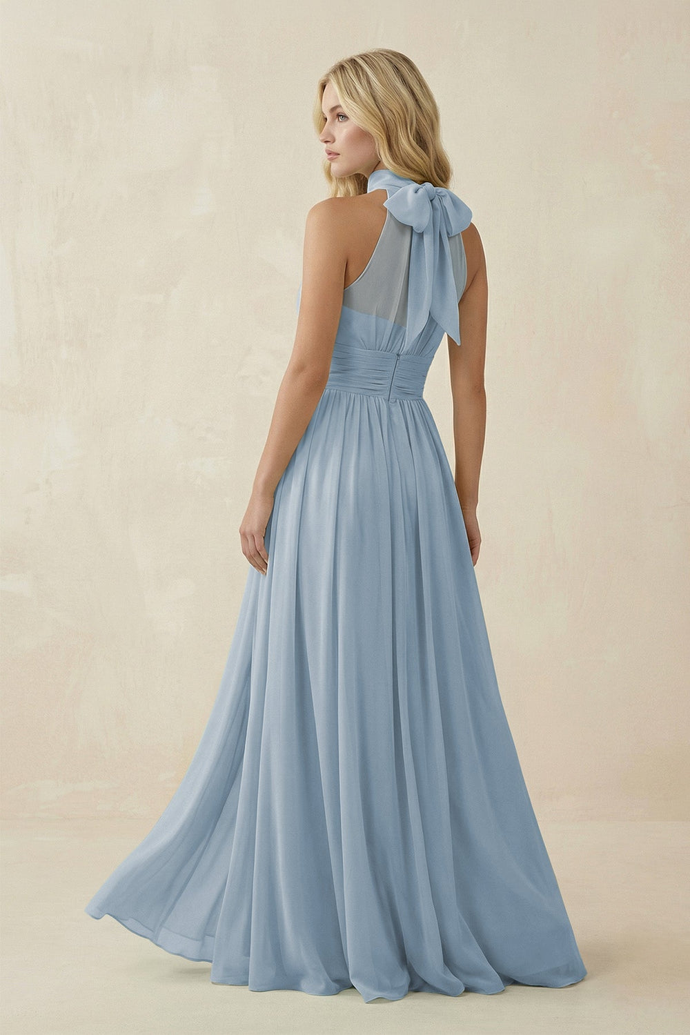 Illusion Halter A - Line Chiffon Bridesmaid Gown in Dusty Blue - SHE IS ME Bridesmaid Dresses