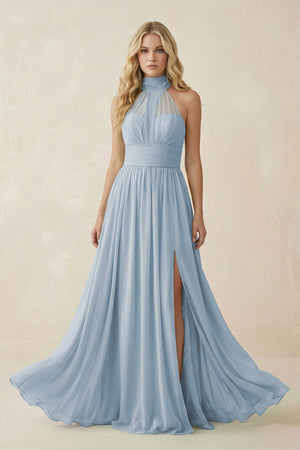 Illusion Halter A - Line Chiffon Bridesmaid Gown in Dusty Blue - SHE IS ME Bridesmaid Dresses