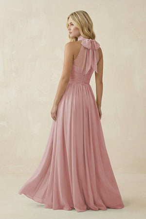 Illusion Halter A - Line Chiffon Bridesmaid Gown in Dusty Rose - SHE IS ME Bridesmaid Dresses