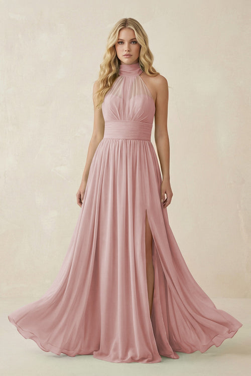 Illusion Halter A - Line Chiffon Bridesmaid Gown in Dusty Rose - SHE IS ME Bridesmaid Dresses