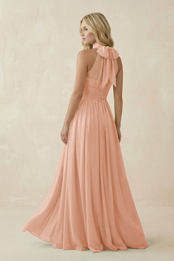Illusion Halter A - Line Chiffon Bridesmaid Gown in English Rose - SHE IS ME Bridesmaid Dresses
