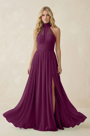 Illusion Halter A - Line Chiffon Bridesmaid Gown in Fig - SHE IS ME Bridesmaid Dresses