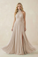 Illusion Halter A - Line Chiffon Bridesmaid Gown in Frost - SHE IS ME Bridesmaid Dresses