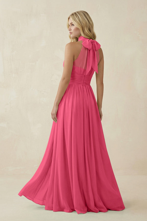 Illusion Halter A - Line Chiffon Bridesmaid Gown in Fuchsia - SHE IS ME Bridesmaid Dresses