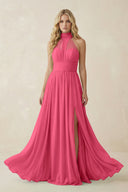 Illusion Halter A - Line Chiffon Bridesmaid Gown in Fuchsia - SHE IS ME Bridesmaid Dresses