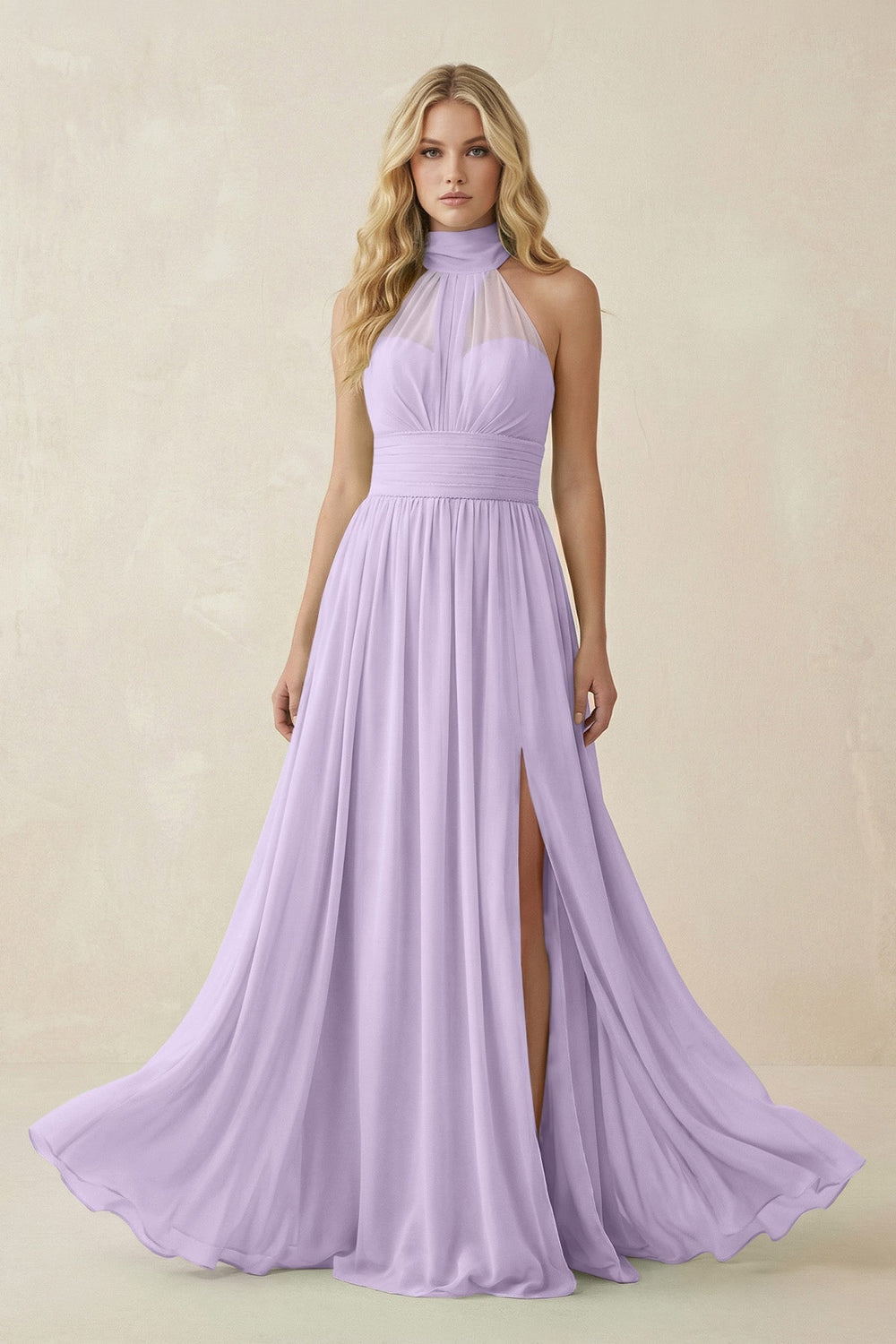 Illusion Halter A - Line Chiffon Bridesmaid Gown in Lavender - SHE IS ME Bridesmaid Dresses