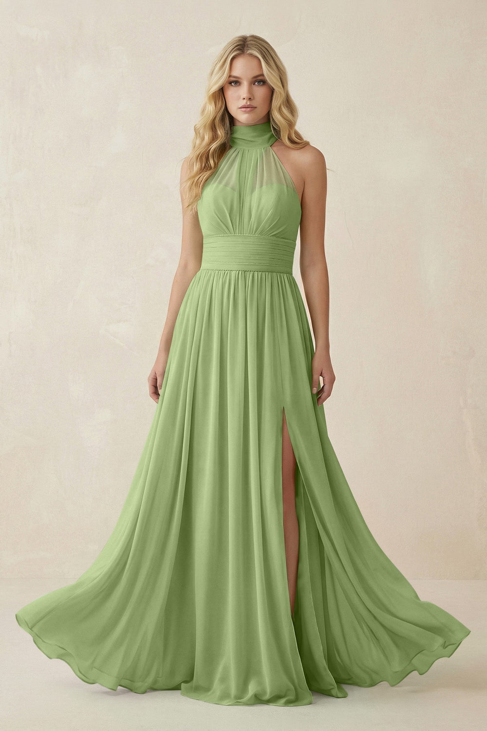Illusion Halter A - Line Chiffon Bridesmaid Gown in Matcha - SHE IS ME Bridesmaid Dresses
