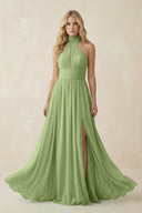 Illusion Halter A - Line Chiffon Bridesmaid Gown in Matcha - SHE IS ME Bridesmaid Dresses