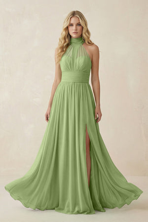 Illusion Halter A - Line Chiffon Bridesmaid Gown in Matcha - SHE IS ME Bridesmaid Dresses