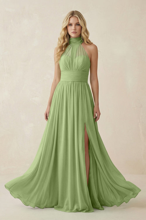 Illusion Halter A - Line Chiffon Bridesmaid Gown in Matcha - SHE IS ME Bridesmaid Dresses