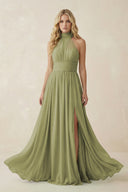 Illusion Halter A - Line Chiffon Bridesmaid Gown in Moss - SHE IS ME Bridesmaid Dresses