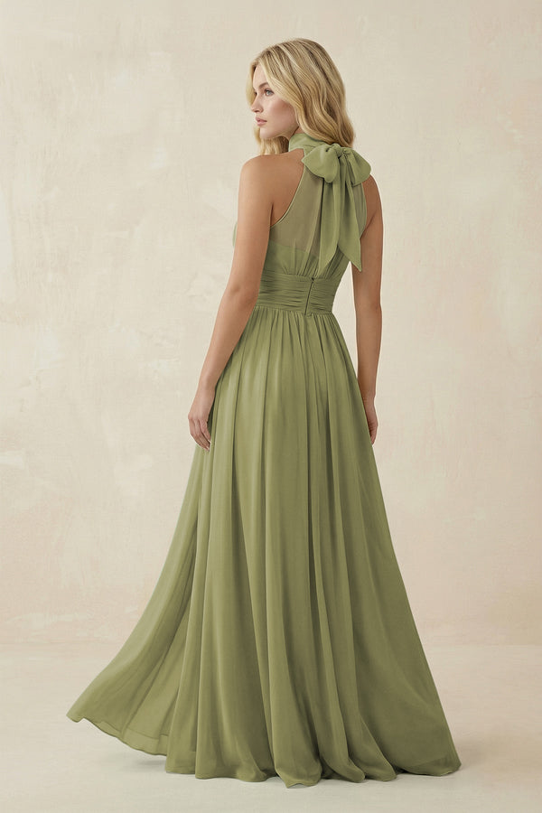 Illusion Halter A - Line Chiffon Bridesmaid Gown in Moss - SHE IS ME Bridesmaid Dresses