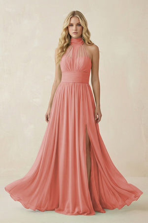 Illusion Halter A - Line Chiffon Bridesmaid Gown in Mulberry - SHE IS ME Bridesmaid Dresses