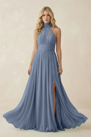 Illusion Halter A - Line Chiffon Bridesmaid Gown in Neptune - SHE IS ME Bridesmaid Dresses