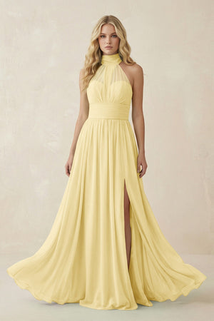 Illusion Halter A - Line Chiffon Bridesmaid Gown in Pastel Yellow - SHE IS ME Bridesmaid Dresses