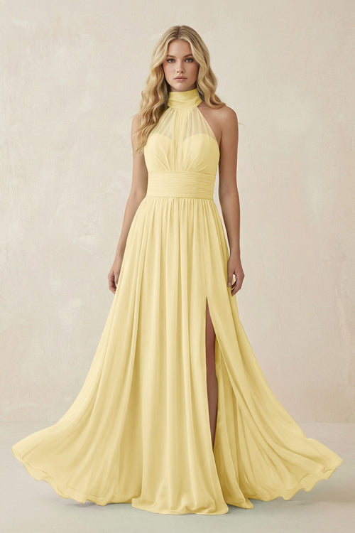 Illusion Halter A - Line Chiffon Bridesmaid Gown in Pastel Yellow - SHE IS ME Bridesmaid Dresses