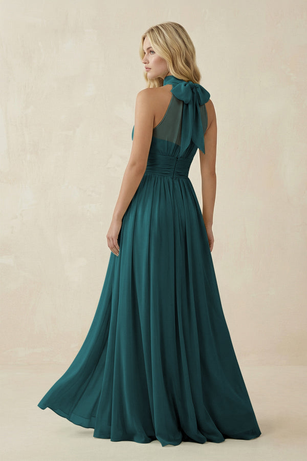 Illusion Halter A - Line Chiffon Bridesmaid Gown in Pine - SHE IS ME Bridesmaid Dresses