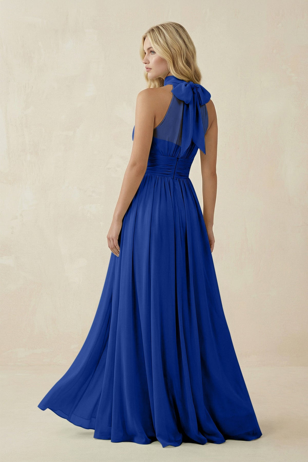 Illusion Halter A - Line Chiffon Bridesmaid Gown in Royal Blue - SHE IS ME Bridesmaid Dresses
