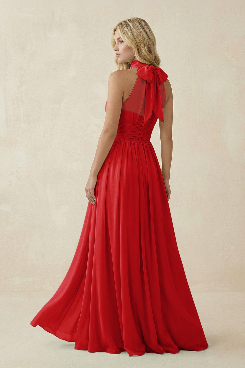 Illusion Halter A - Line Chiffon Bridesmaid Gown in Ruby Red - SHE IS ME Bridesmaid Dresses