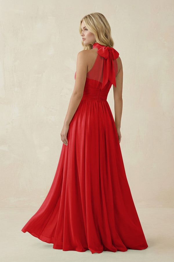 Illusion Halter A - Line Chiffon Bridesmaid Gown in Ruby Red - SHE IS ME Bridesmaid Dresses