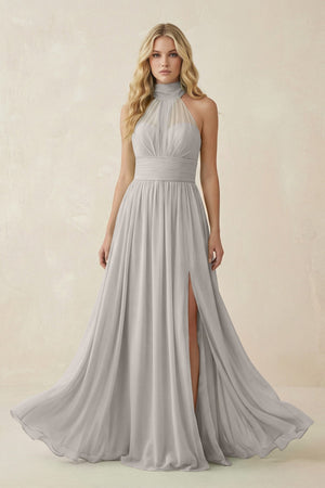 Illusion Halter A - Line Chiffon Bridesmaid Gown in Silver - SHE IS ME Bridesmaid Dresses