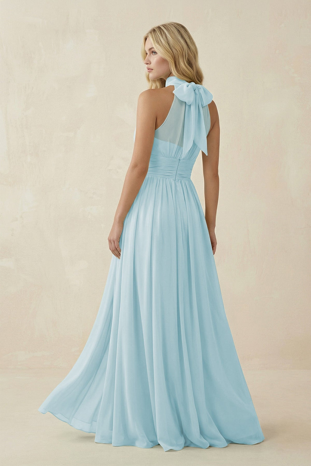 Illusion Halter A - Line Chiffon Bridesmaid Gown in Sky Blue - SHE IS ME Bridesmaid Dresses
