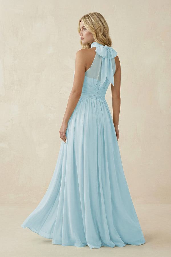 Illusion Halter A - Line Chiffon Bridesmaid Gown in Sky Blue - SHE IS ME Bridesmaid Dresses