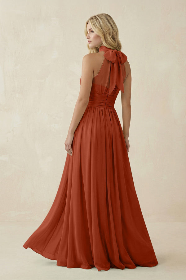 Illusion Halter A - Line Chiffon Bridesmaid Gown in Spice - SHE IS ME Bridesmaid Dresses